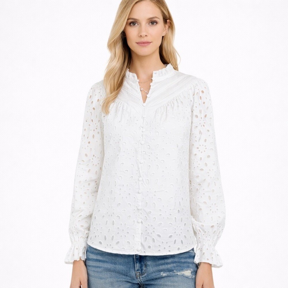 PRETTYGARDEN White Eyelet Lace Button Down Ruffle Blouse Top Long Sleeve XXL NWT